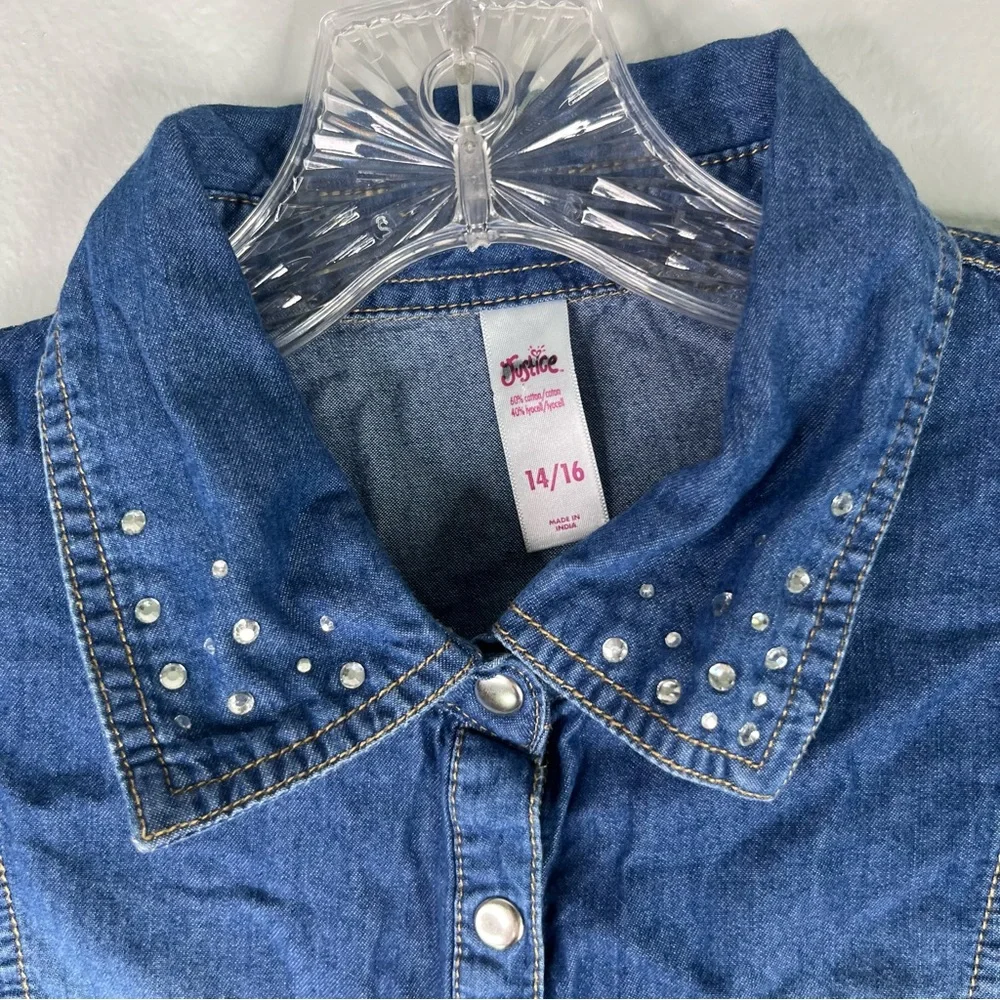 Justice Dress Girls 14/16 Blue Denim Chambray Embellished‎ Collar Roll Up Sleeve